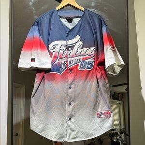 Vintage 90s rare FUBU Men's League Jersey - Navy, Red, Gray gradient